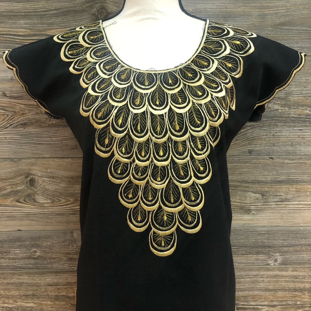 Mexican Women Blouse Shirt Top Embroidered Black